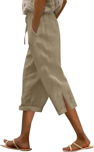 Linen Capri Pants for Women Plus Size Elastic High Waist Drawstring Cropped Pants Side Button Split Summer Trousers