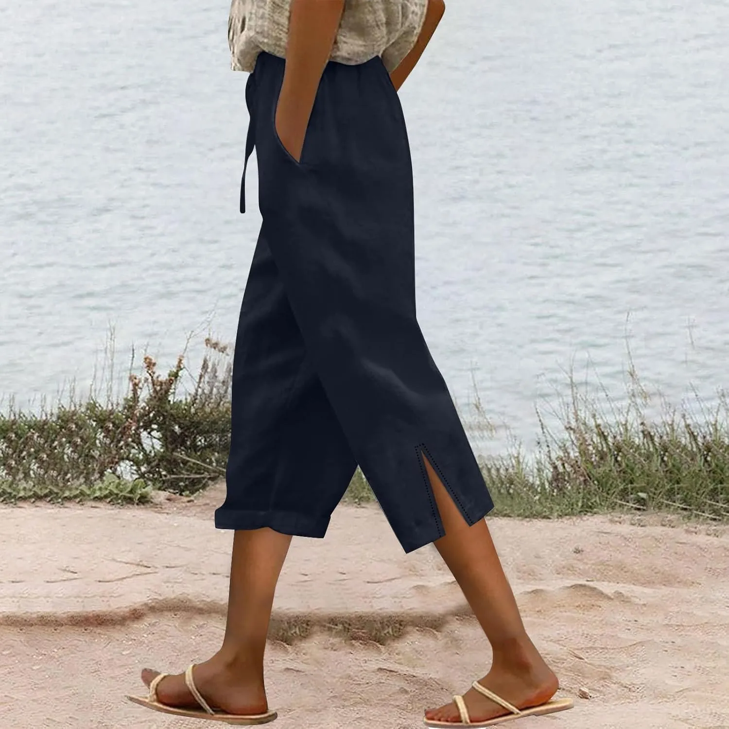 Linen Capri Pants for Women Plus Size Elastic High Waist Drawstring Cropped Pants Side Button Split Summer Trousers