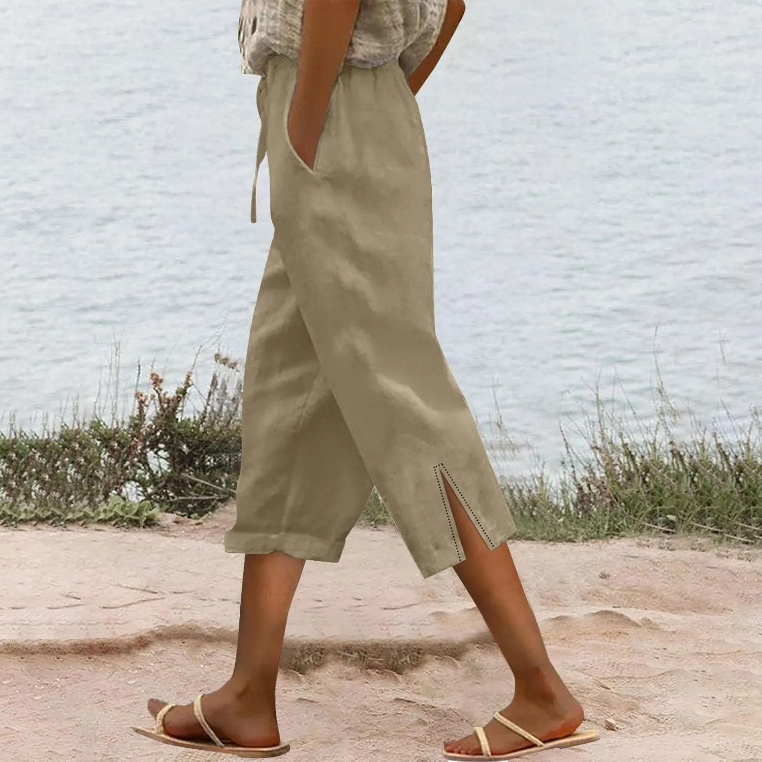 Linen Capri Pants for Women Plus Size Elastic High Waist Drawstring Cropped Pants Side Button Split Summer Trousers