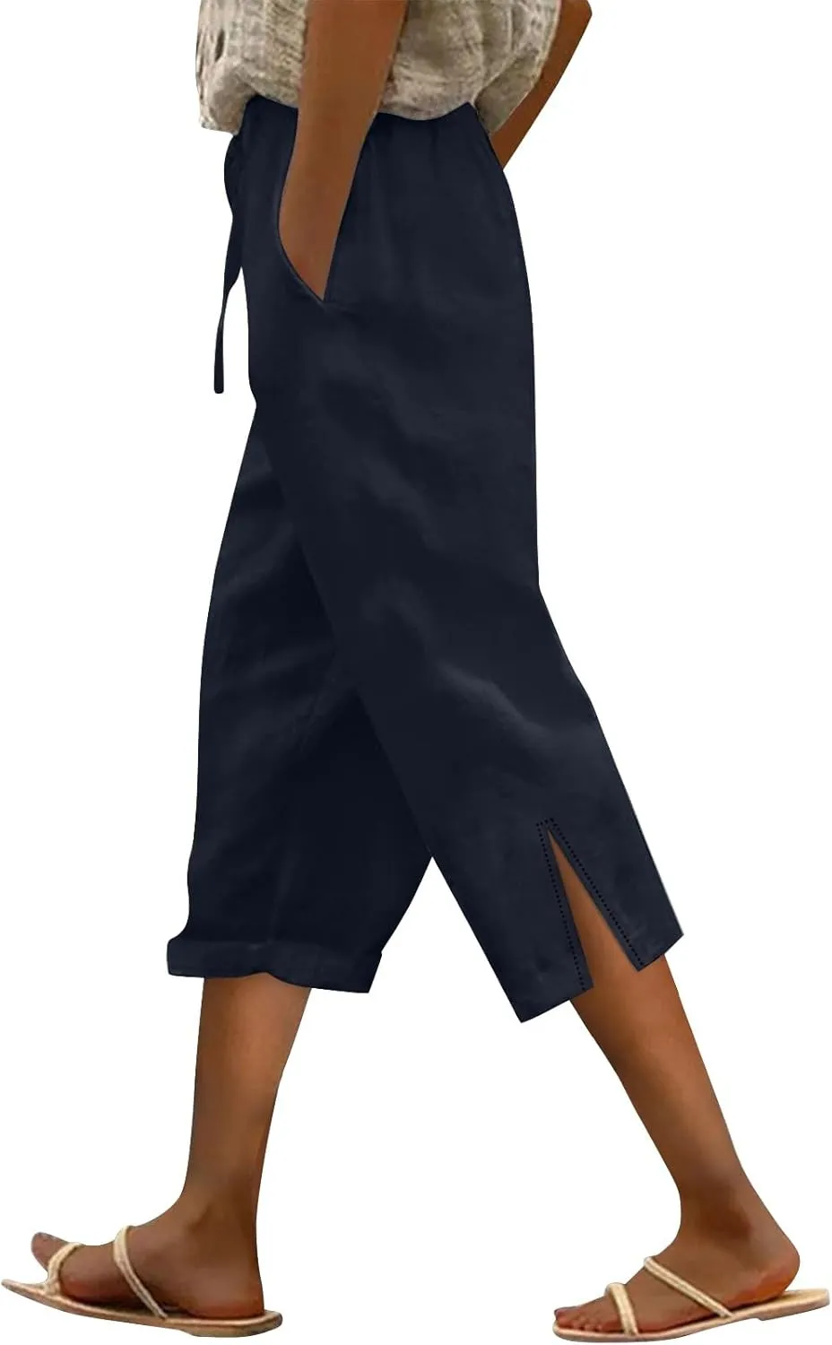 Linen Capri Pants for Women Plus Size Elastic High Waist Drawstring Cropped Pants Side Button Split Summer Trousers