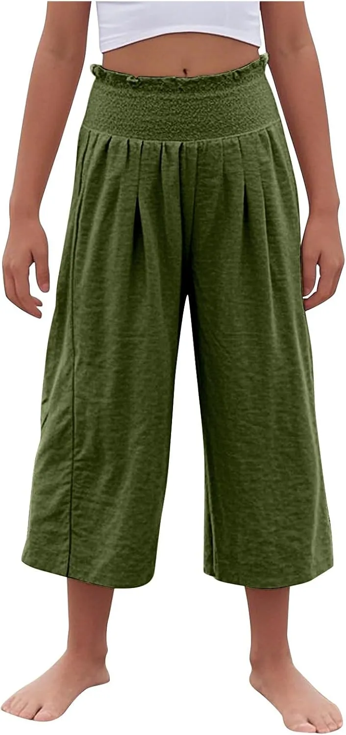 Linen Capris for Girls Summer Casual Palazzo Smocked High Waist Wide Leg Capris Travel Vacation Pants with Pockets