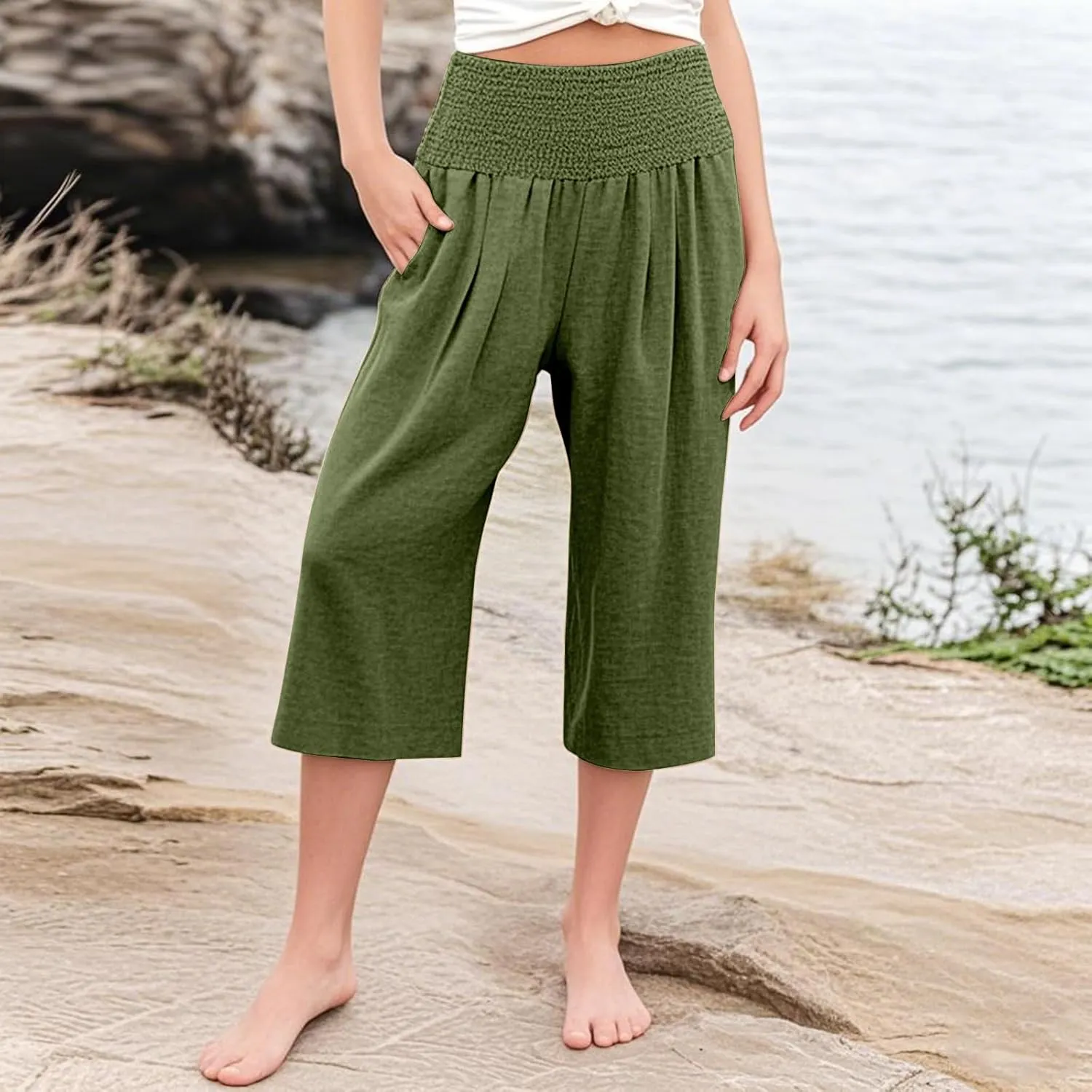 Linen Capris for Girls Summer Casual Palazzo Smocked High Waist Wide Leg Capris Travel Vacation Pants with Pockets