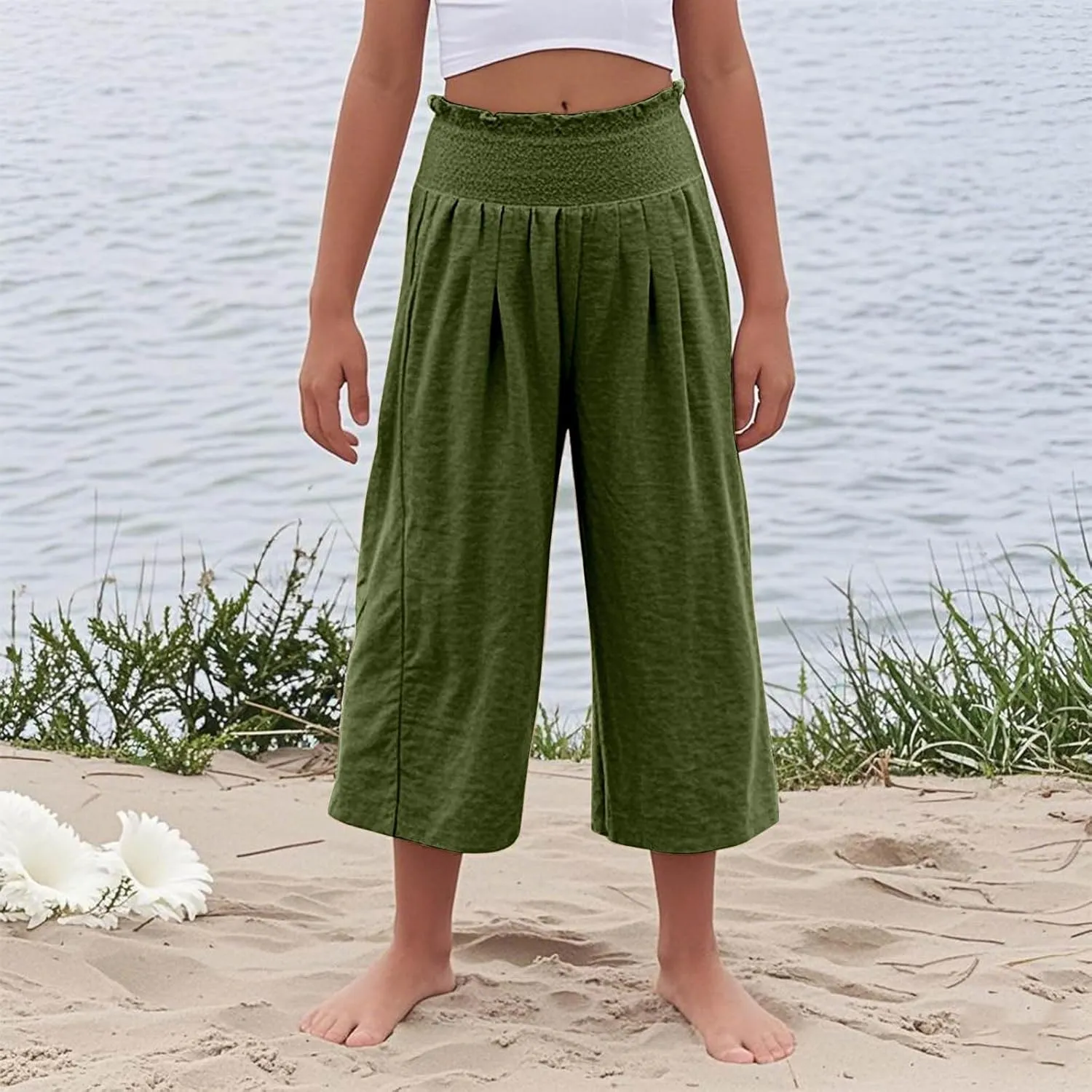 Linen Capris for Girls Summer Casual Palazzo Smocked High Waist Wide Leg Capris Travel Vacation Pants with Pockets