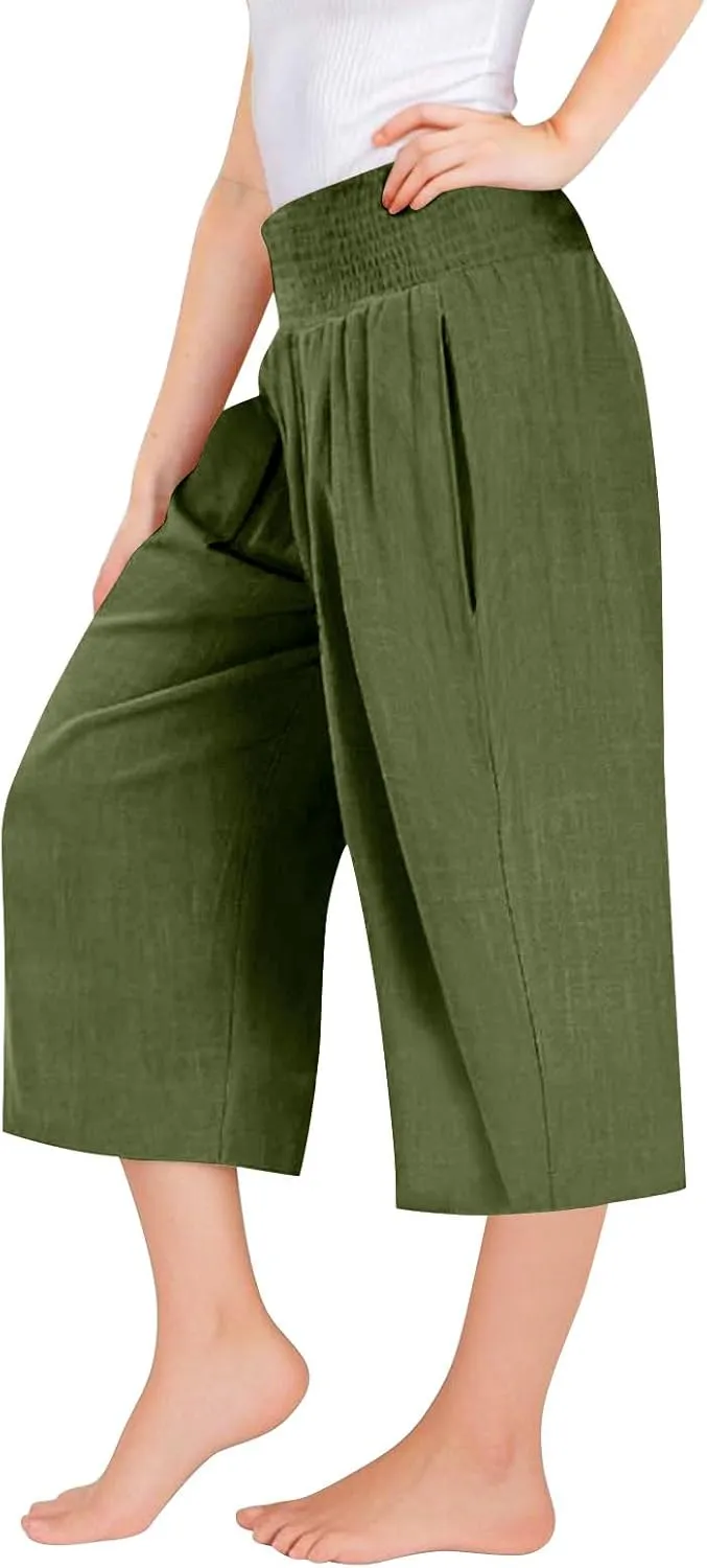 Linen Capris for Girls Summer Casual Palazzo Smocked High Waist Wide Leg Capris Travel Vacation Pants with Pockets