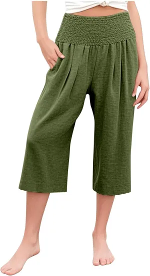 Linen Capris for Girls Summer Casual Palazzo Smocked High Waist Wide Leg Capris Travel Vacation Pants with Pockets