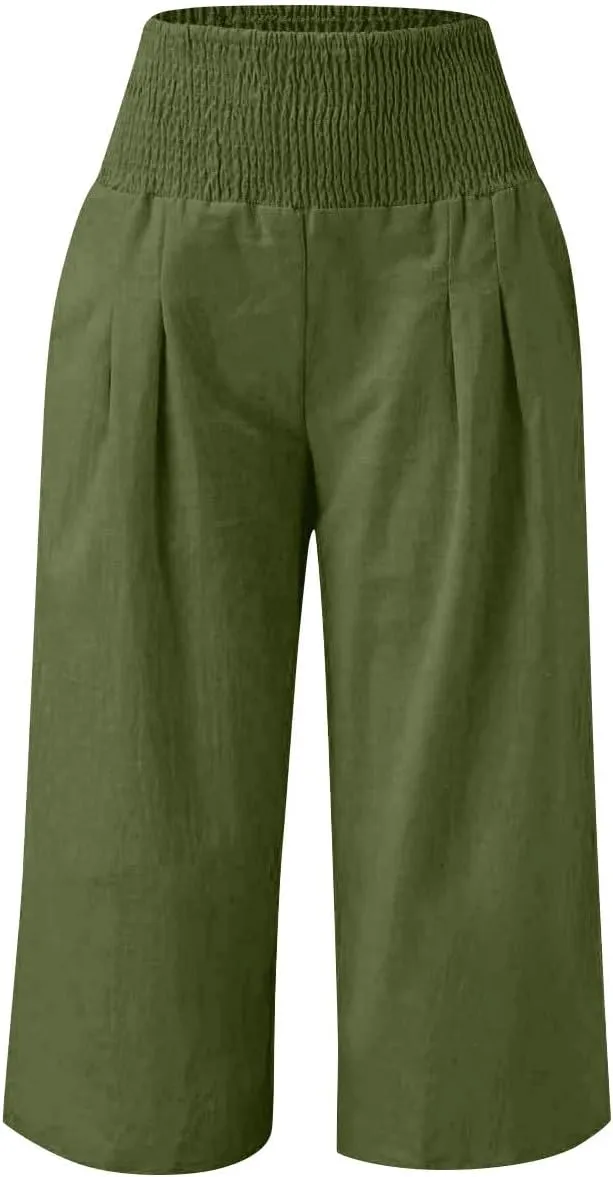 Linen Capris for Girls Summer Casual Palazzo Smocked High Waist Wide Leg Capris Travel Vacation Pants with Pockets