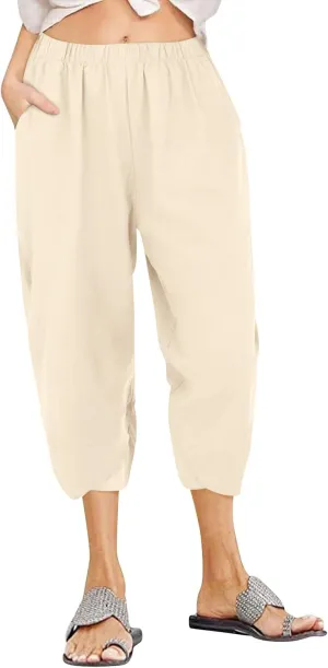 Linen Capris Pants Women Plus Size Casual Summer 2025 Loose Fit Drawstring Elastic Waist Cropped Trouser Lounge Pant