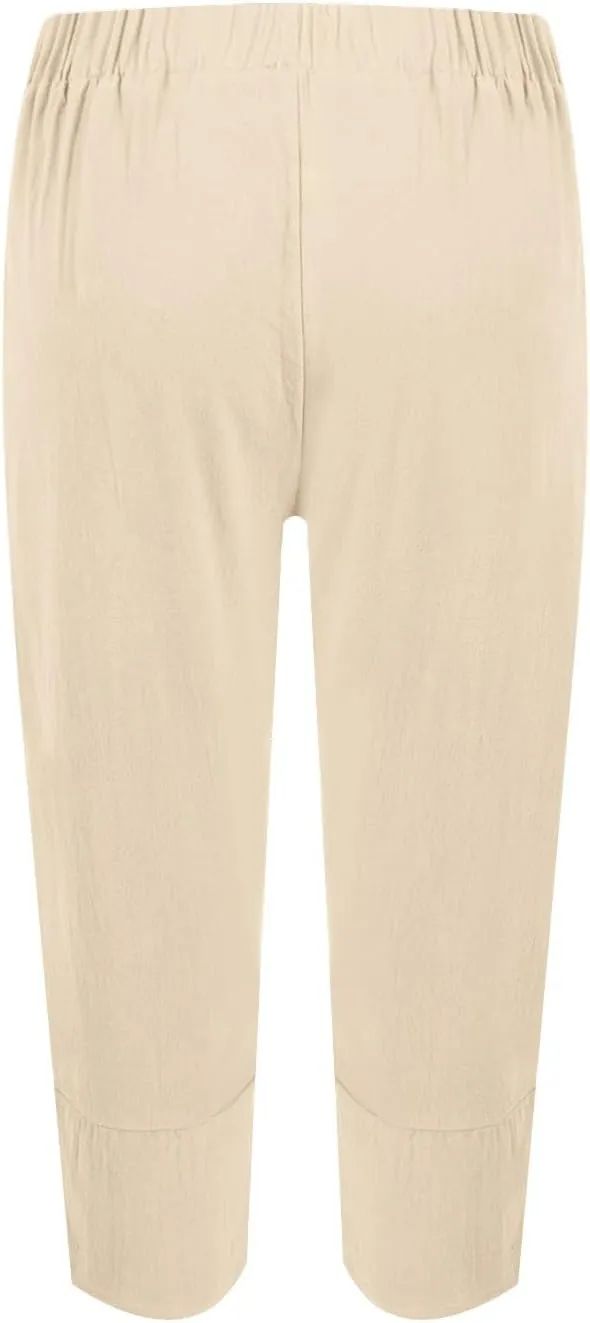 Linen Capris Pants Women Plus Size Casual Summer 2025 Loose Fit Drawstring Elastic Waist Cropped Trouser Lounge Pant