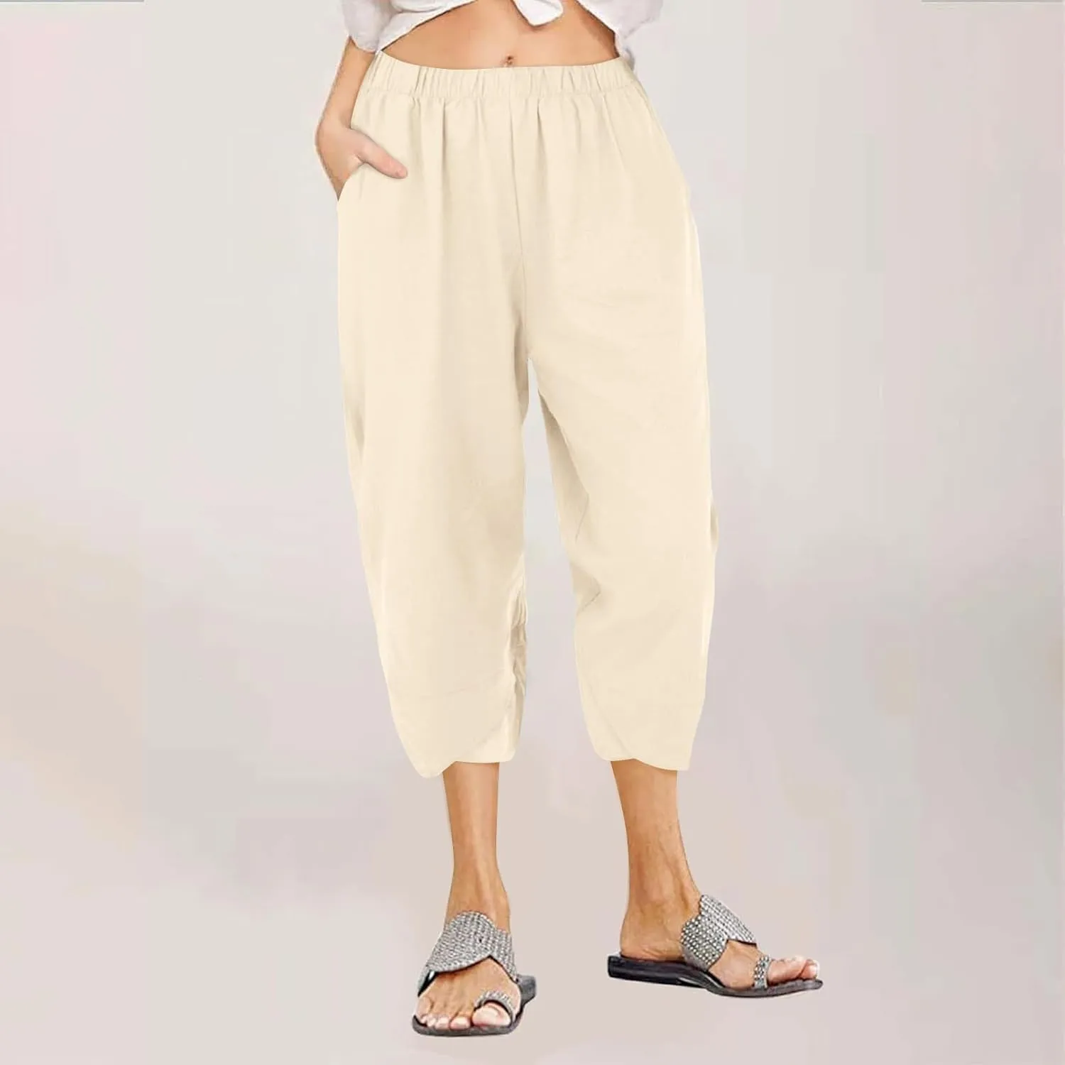Linen Capris Pants Women Plus Size Casual Summer 2025 Loose Fit Drawstring Elastic Waist Cropped Trouser Lounge Pant