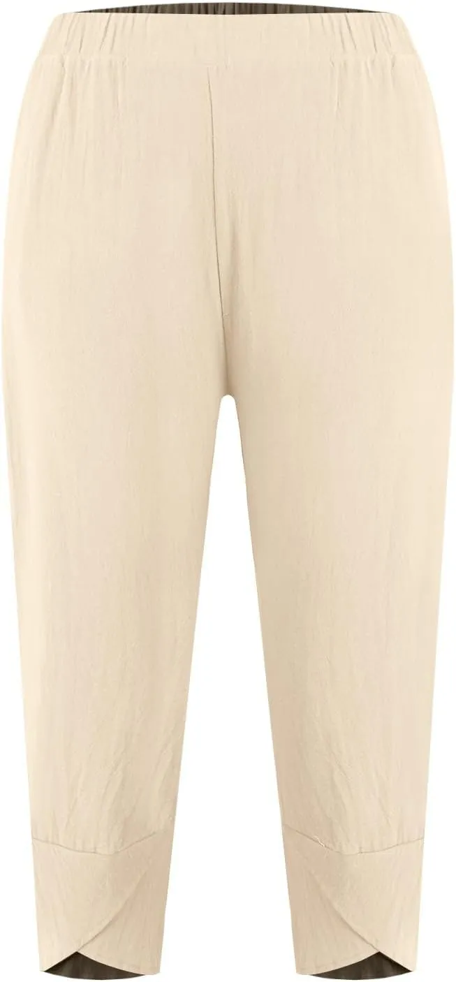 Linen Capris Pants Women Plus Size Casual Summer 2025 Loose Fit Drawstring Elastic Waist Cropped Trouser Lounge Pant