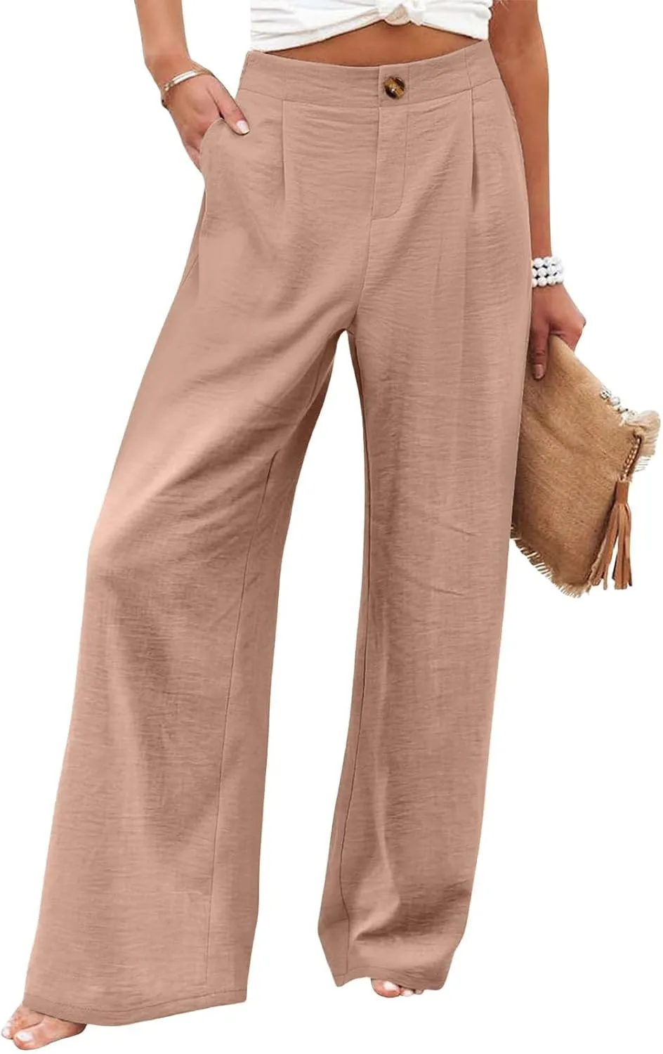 Linen Palazzo Pants for Women Casual Striped Linen Pants High Waisted Wide Leg Pants with Pockets Summer Beach Trousers