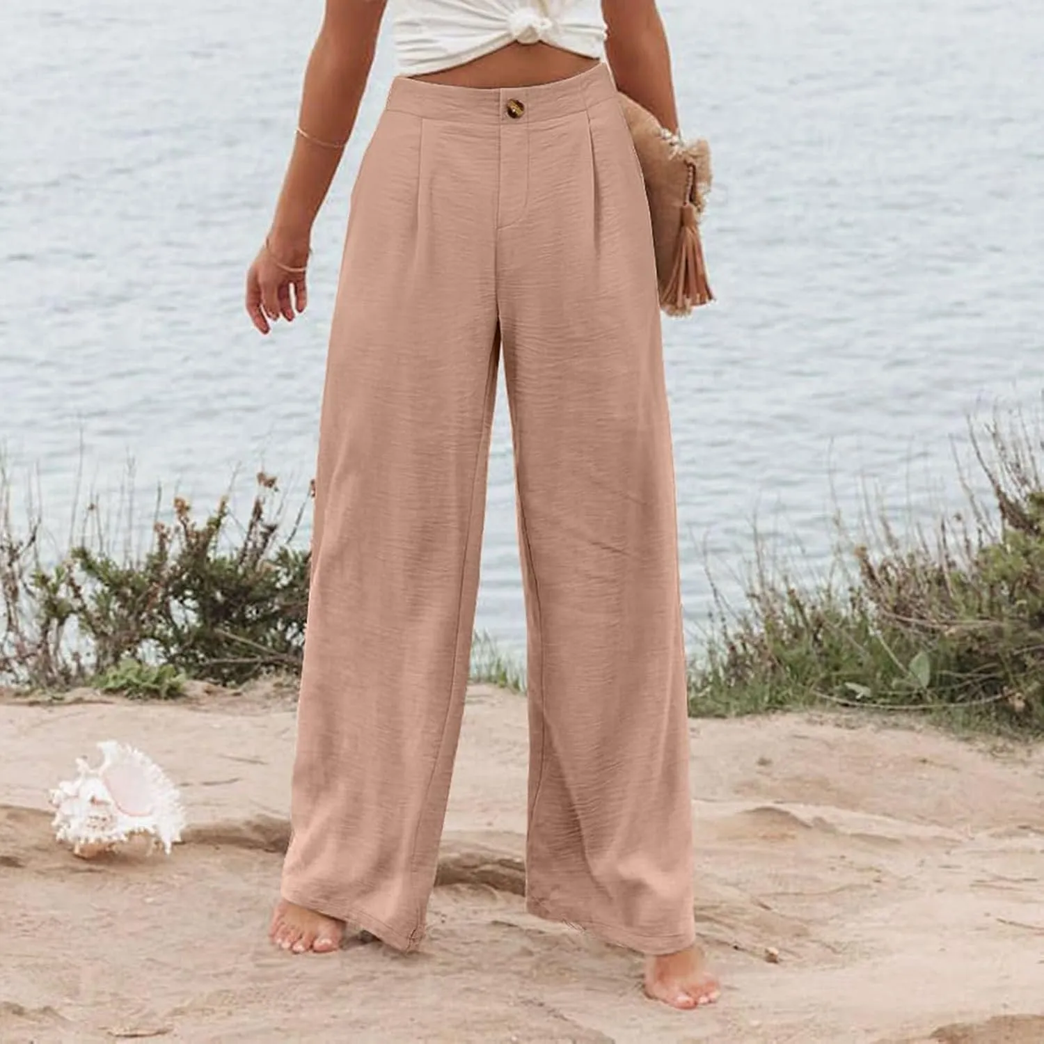 Linen Palazzo Pants for Women Casual Striped Linen Pants High Waisted Wide Leg Pants with Pockets Summer Beach Trousers