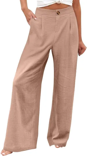 Linen Palazzo Pants for Women Casual Striped Linen Pants High Waisted Wide Leg Pants with Pockets Summer Beach Trousers