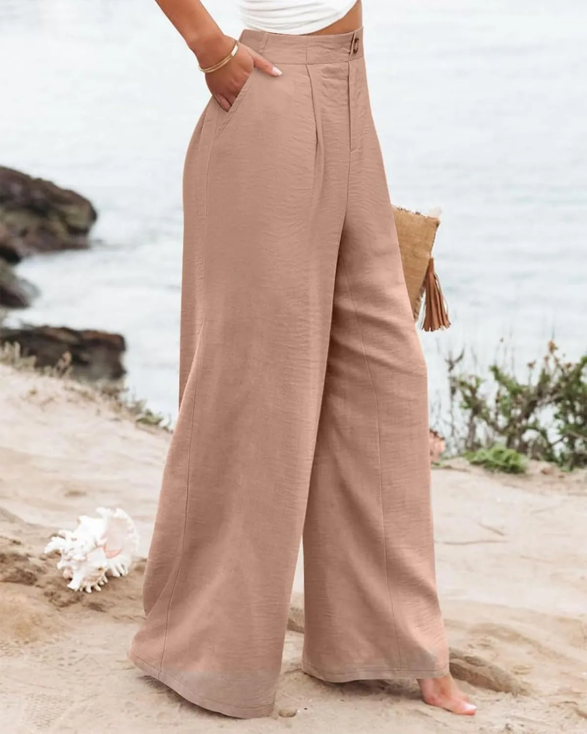 Linen Palazzo Pants for Women Casual Striped Linen Pants High Waisted Wide Leg Pants with Pockets Summer Beach Trousers