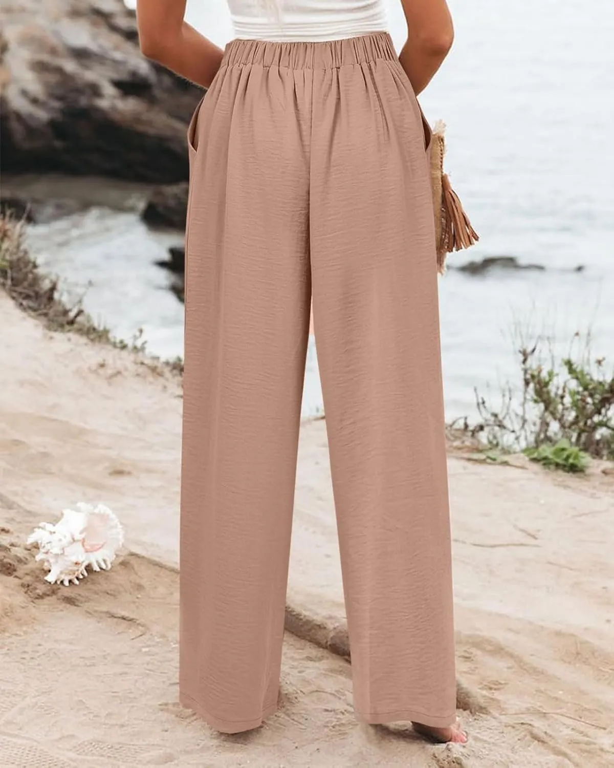 Linen Palazzo Pants for Women Casual Striped Linen Pants High Waisted Wide Leg Pants with Pockets Summer Beach Trousers