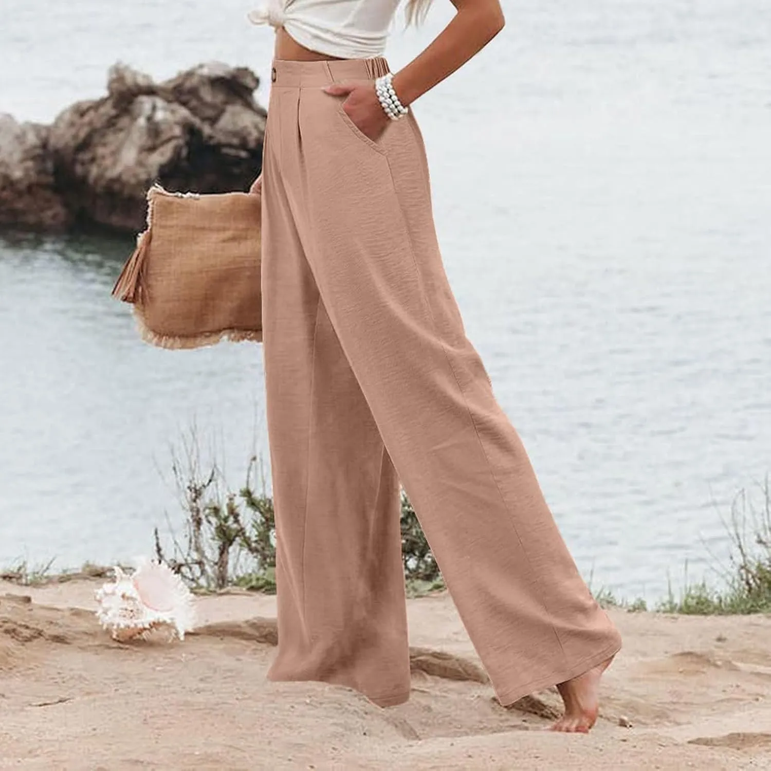 Linen Palazzo Pants for Women Casual Striped Linen Pants High Waisted Wide Leg Pants with Pockets Summer Beach Trousers