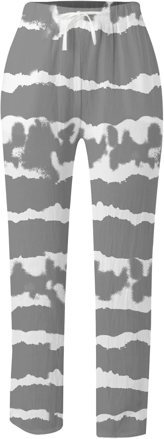 Linen Pants for Women Boho Tapered Pants Loose Fit Drawstring Elastic Waist Pant with Pockets Summer Casual Trousers