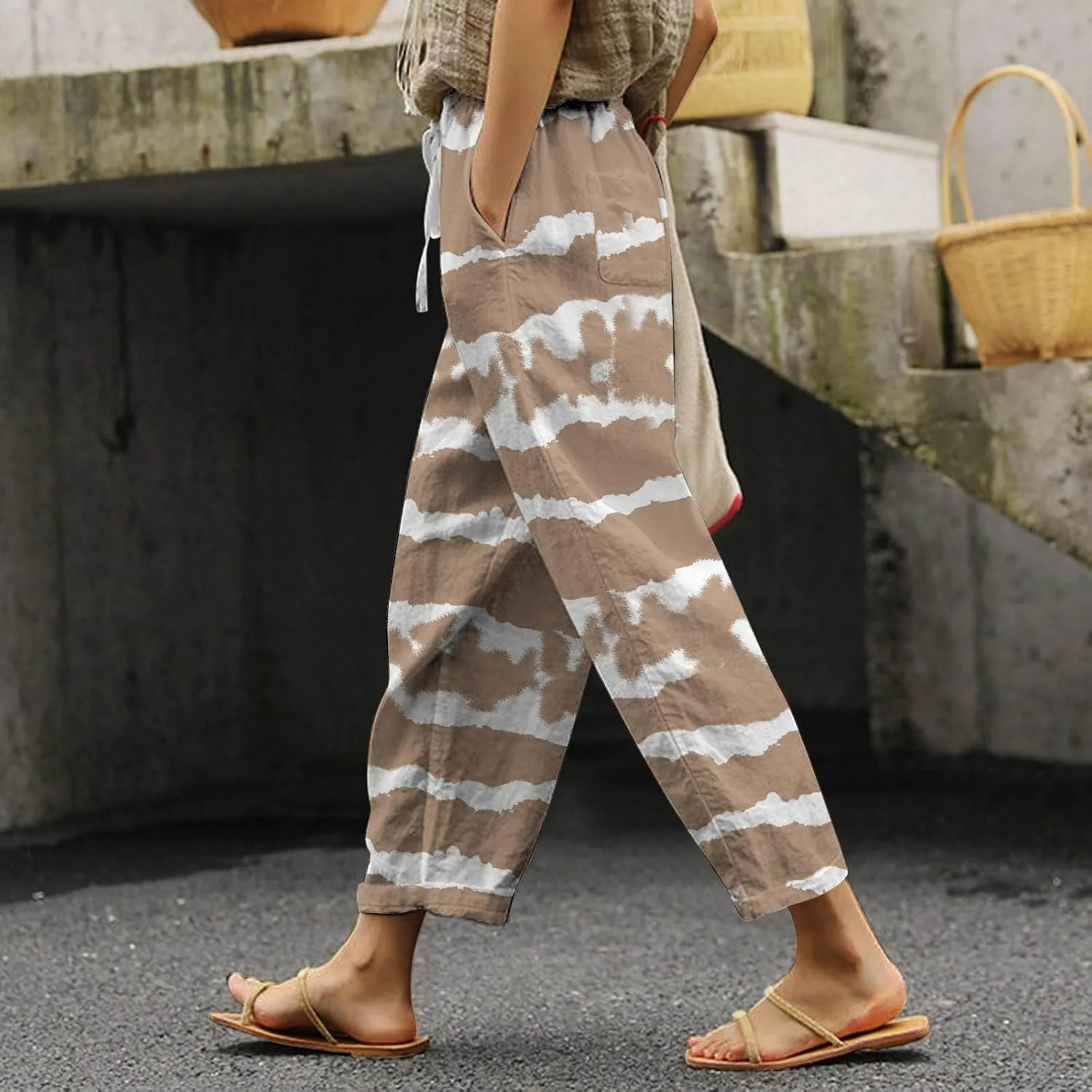 Linen Pants for Women Boho Tapered Pants Loose Fit Drawstring Elastic Waist Pant with Pockets Summer Casual Trousers