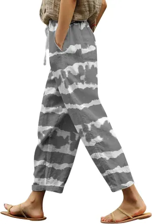 Linen Pants for Women Boho Tapered Pants Loose Fit Drawstring Elastic Waist Pant with Pockets Summer Casual Trousers