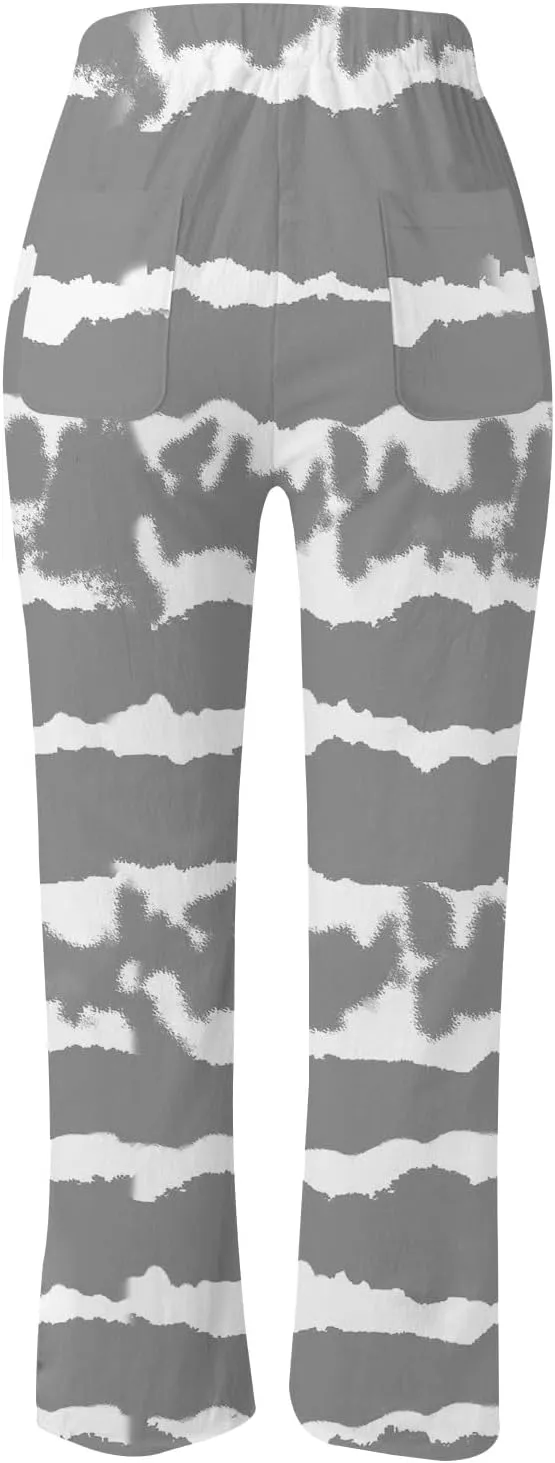 Linen Pants for Women Boho Tapered Pants Loose Fit Drawstring Elastic Waist Pant with Pockets Summer Casual Trousers