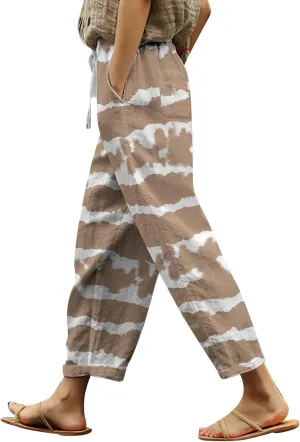 Linen Pants for Women Boho Tapered Pants Loose Fit Drawstring Elastic Waist Pant with Pockets Summer Casual Trousers