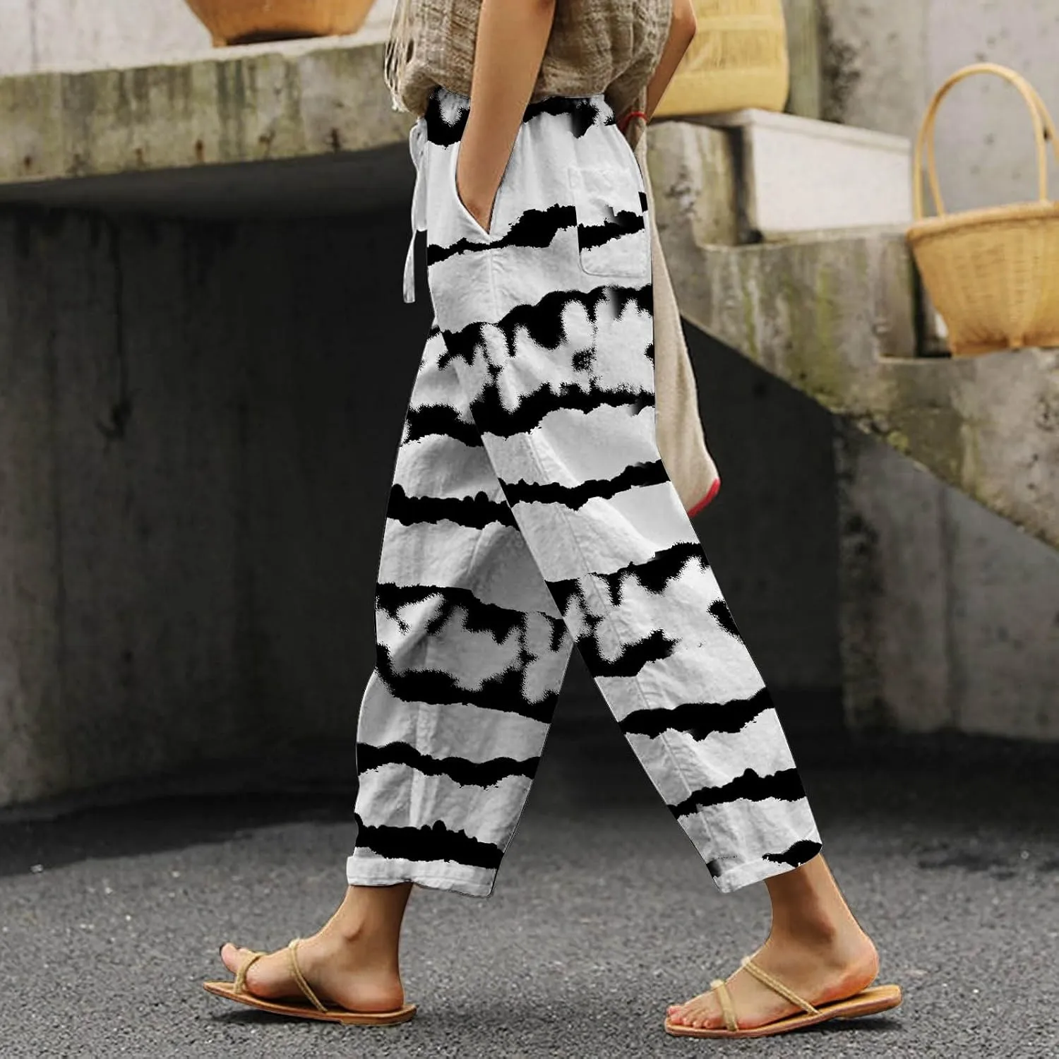 Linen Pants for Women Boho Tapered Pants Loose Fit Drawstring Elastic Waist Pant with Pockets Summer Casual Trousers