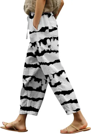 Linen Pants for Women Boho Tapered Pants Loose Fit Drawstring Elastic Waist Pant with Pockets Summer Casual Trousers
