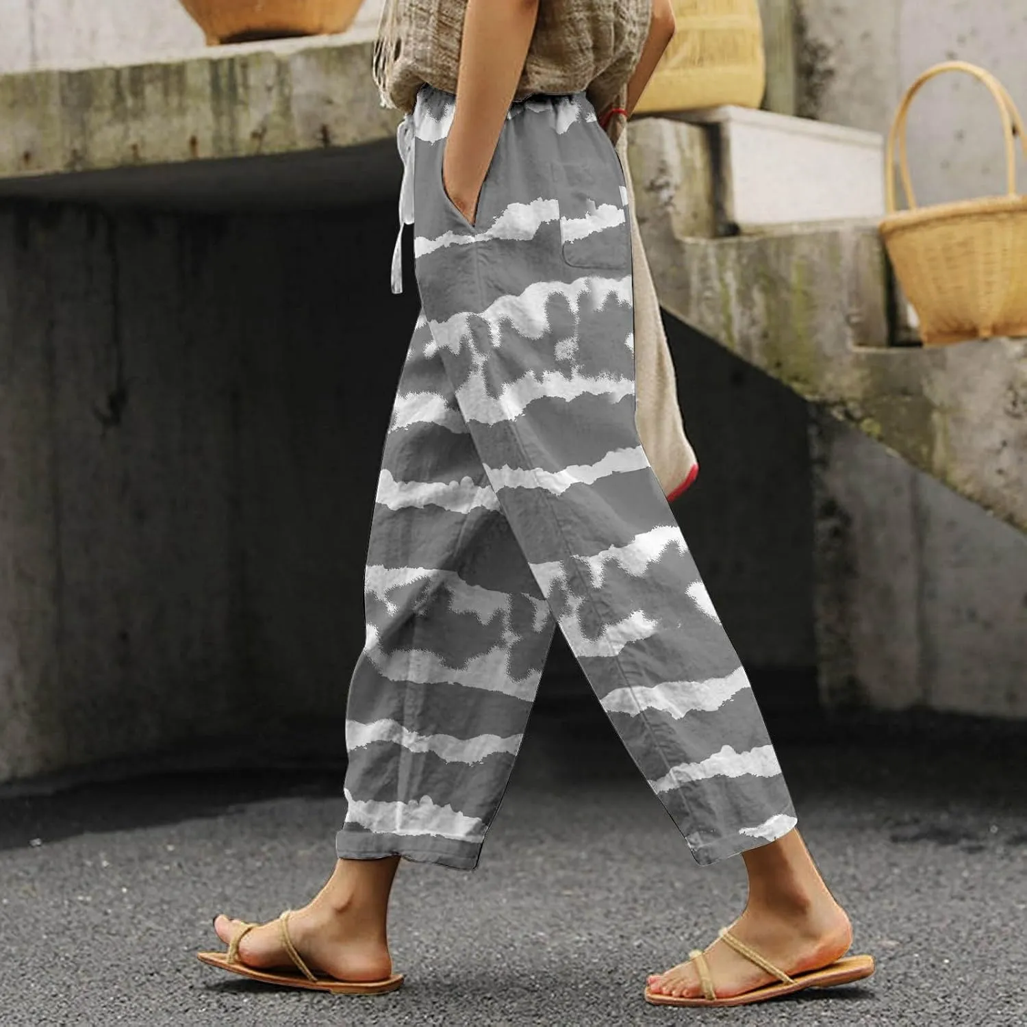Linen Pants for Women Boho Tapered Pants Loose Fit Drawstring Elastic Waist Pant with Pockets Summer Casual Trousers