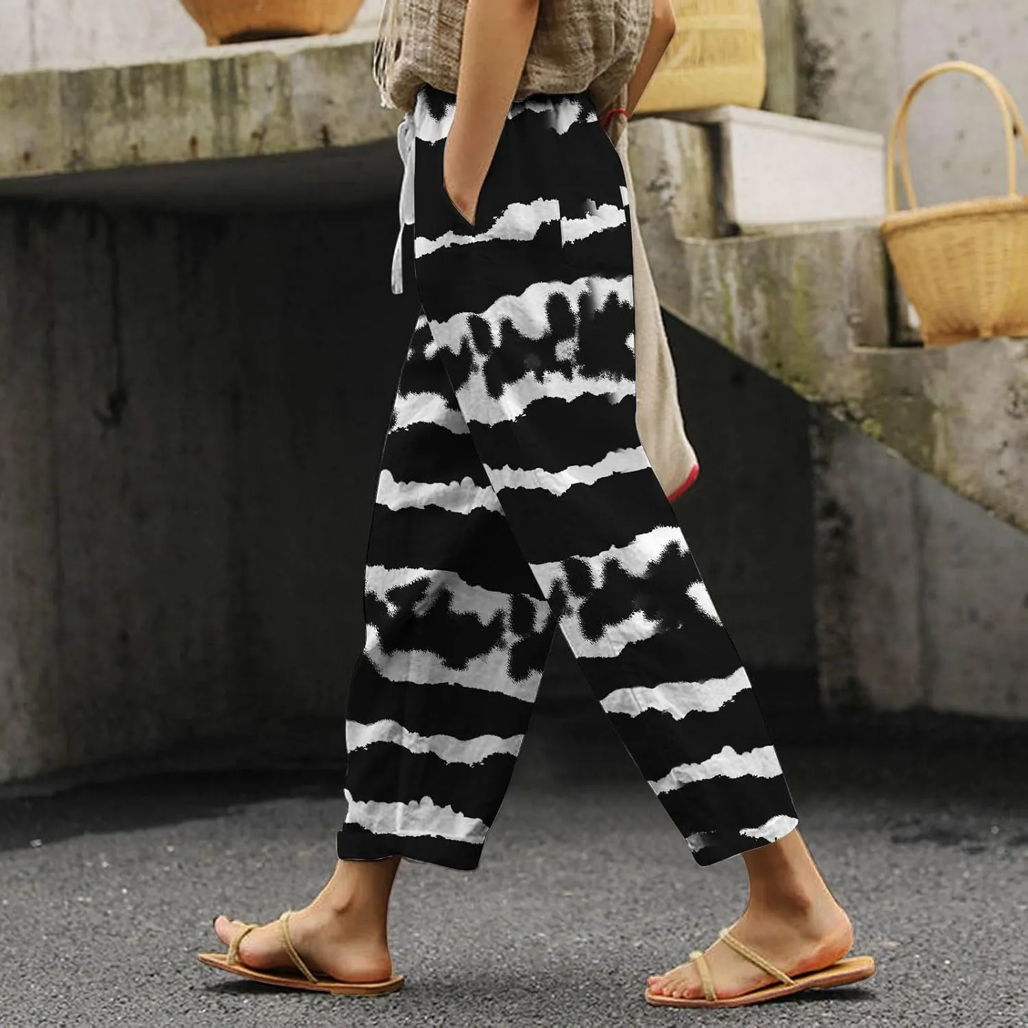 Linen Pants for Women Boho Tapered Pants Loose Fit Drawstring Elastic Waist Pant with Pockets Summer Casual Trousers