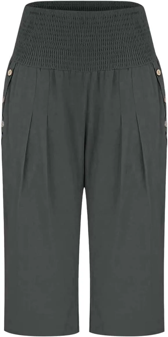 Linen Pants for Women Casual Loose Elastic High Waisted Straight Leg Trousers Palazzo Boho Wide Leg Beach Lounge