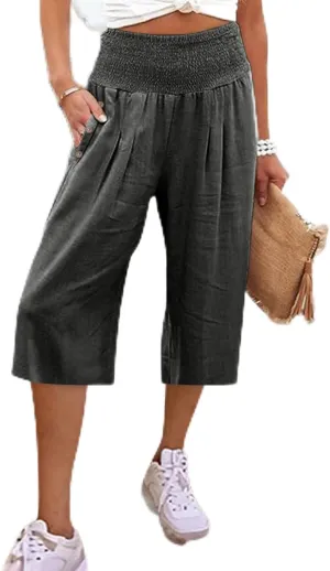 Linen Pants for Women Casual Loose Elastic High Waisted Straight Leg Trousers Palazzo Boho Wide Leg Beach Lounge