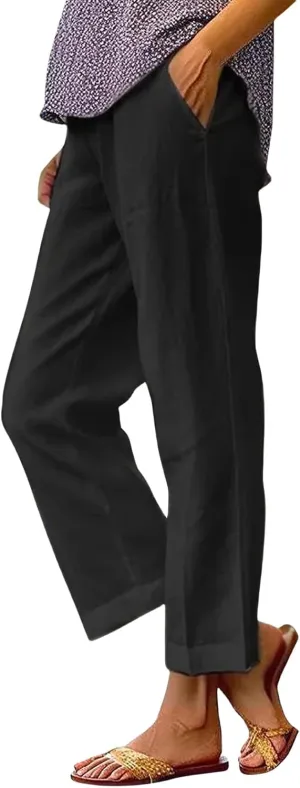 Linen Pants for Women Lightweight High Waist Straight Leg Cropped Pants Casual Summer Crop Pant Trousers with Pockets