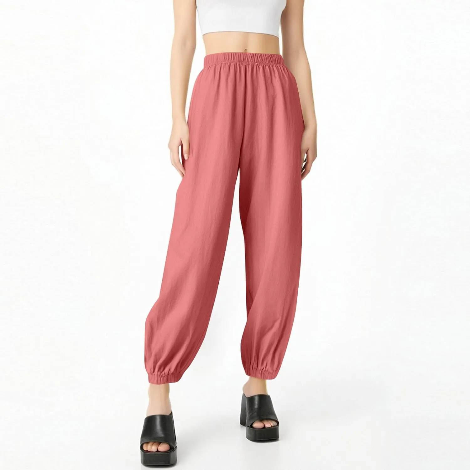 Linen Pants for Women Wide Leg Elastic Waist Pant Casual Loose Cotton Linen Palazzo Cropped Trousers with Pockets