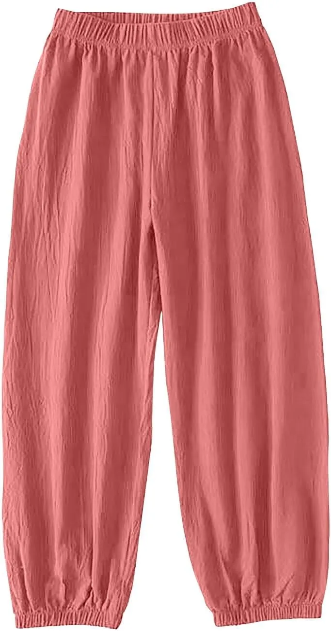 Linen Pants for Women Wide Leg Elastic Waist Pant Casual Loose Cotton Linen Palazzo Cropped Trousers with Pockets