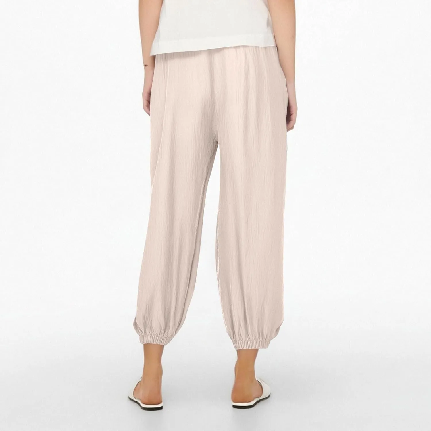 Linen Pants for Women Wide Leg Elastic Waist Pant Casual Loose Cotton Linen Palazzo Cropped Trousers with Pockets