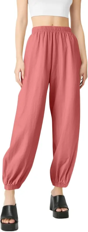 Linen Pants for Women Wide Leg Elastic Waist Pant Casual Loose Cotton Linen Palazzo Cropped Trousers with Pockets