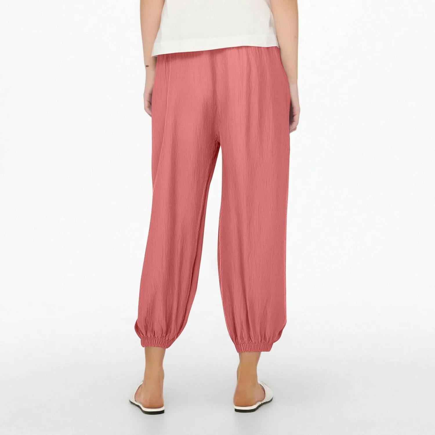 Linen Pants for Women Wide Leg Elastic Waist Pant Casual Loose Cotton Linen Palazzo Cropped Trousers with Pockets