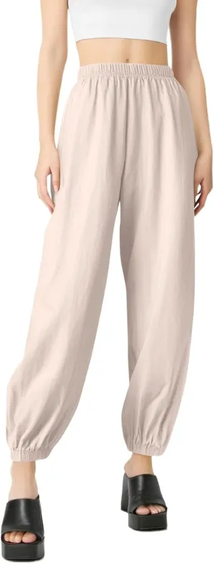 Linen Pants for Women Wide Leg Elastic Waist Pant Casual Loose Cotton Linen Palazzo Cropped Trousers with Pockets