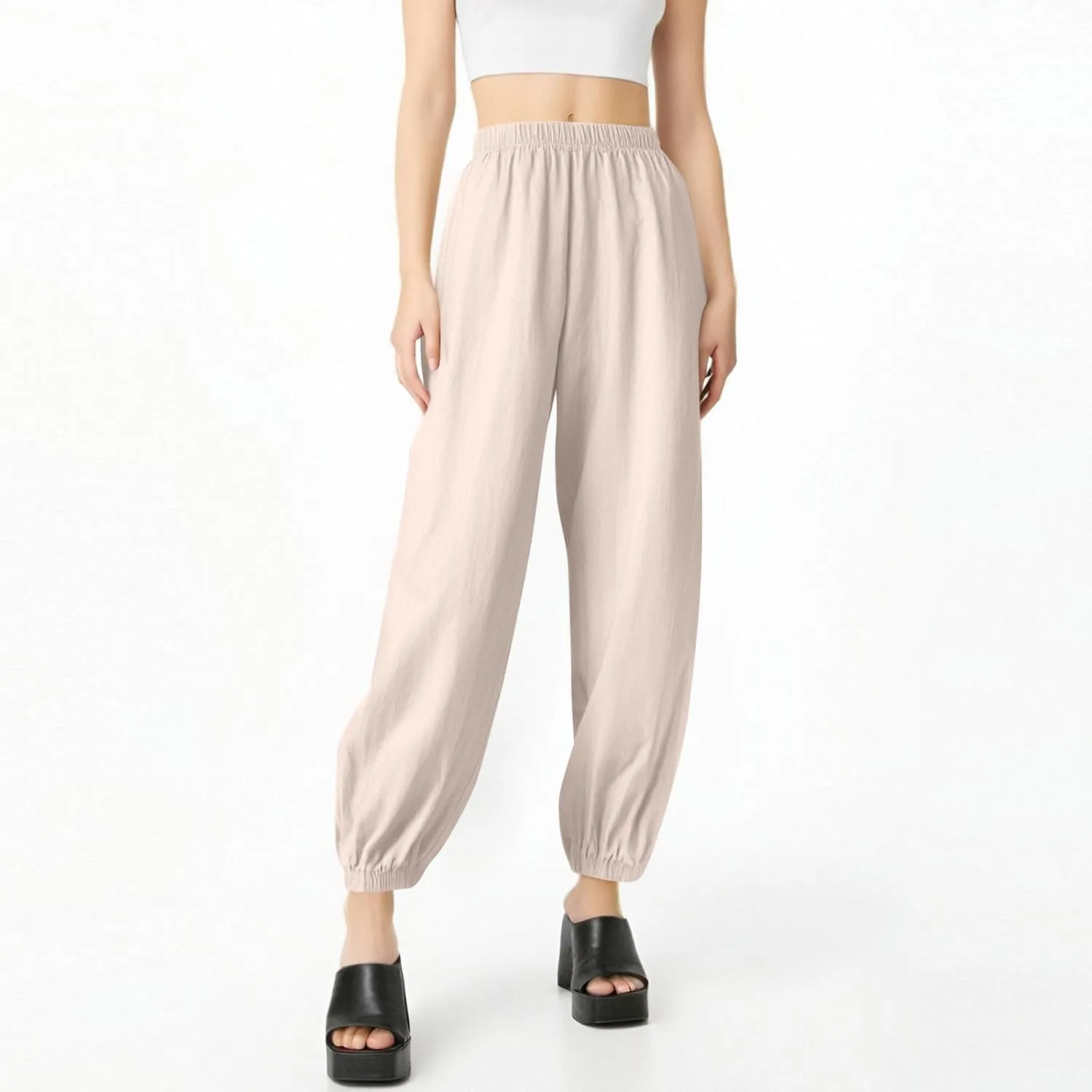 Linen Pants for Women Wide Leg Elastic Waist Pant Casual Loose Cotton Linen Palazzo Cropped Trousers with Pockets