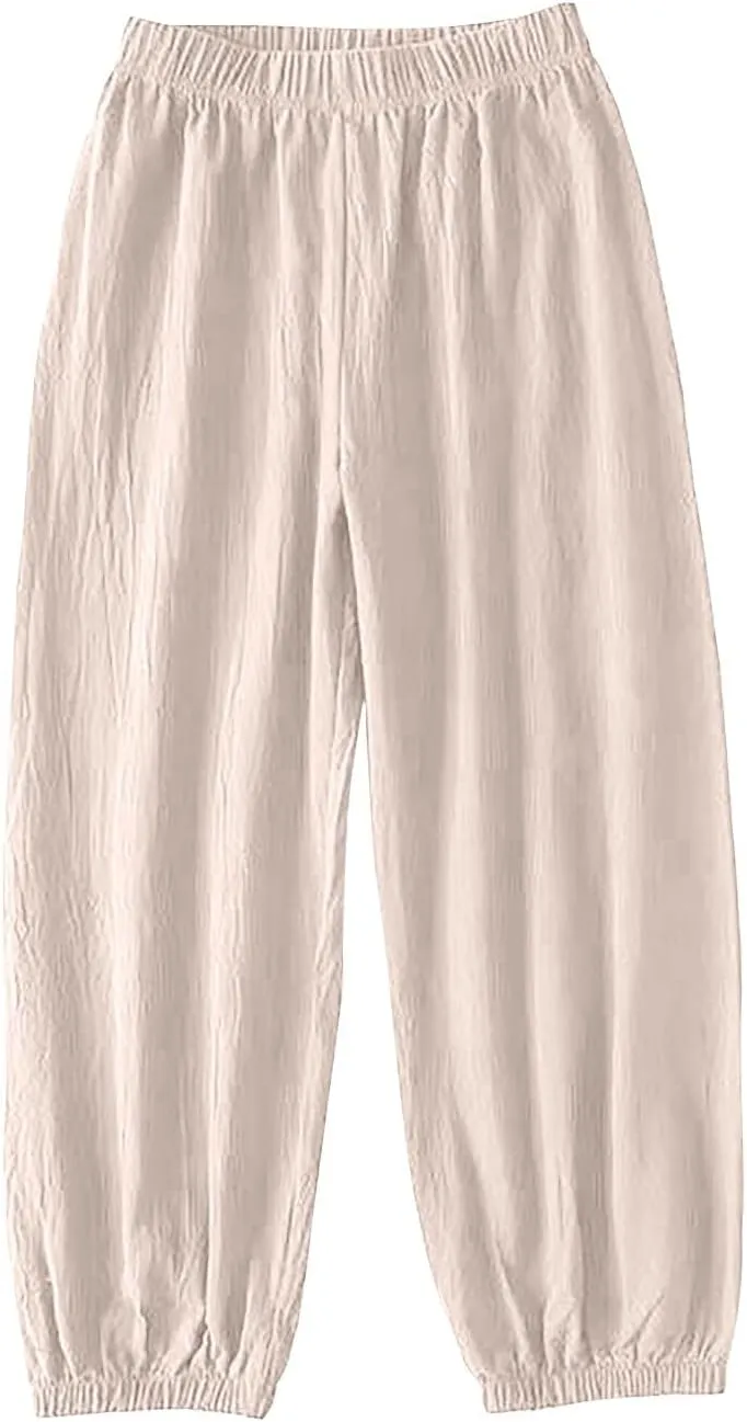 Linen Pants for Women Wide Leg Elastic Waist Pant Casual Loose Cotton Linen Palazzo Cropped Trousers with Pockets