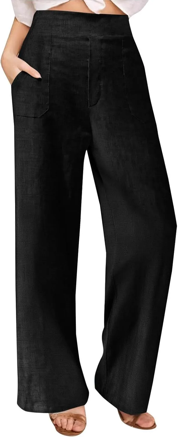 Linen Pants for Womens Summer Drawstring Waist Wide Leg Trousers Loose Linen Lightweight Pant Casual Beach Long Slacks
