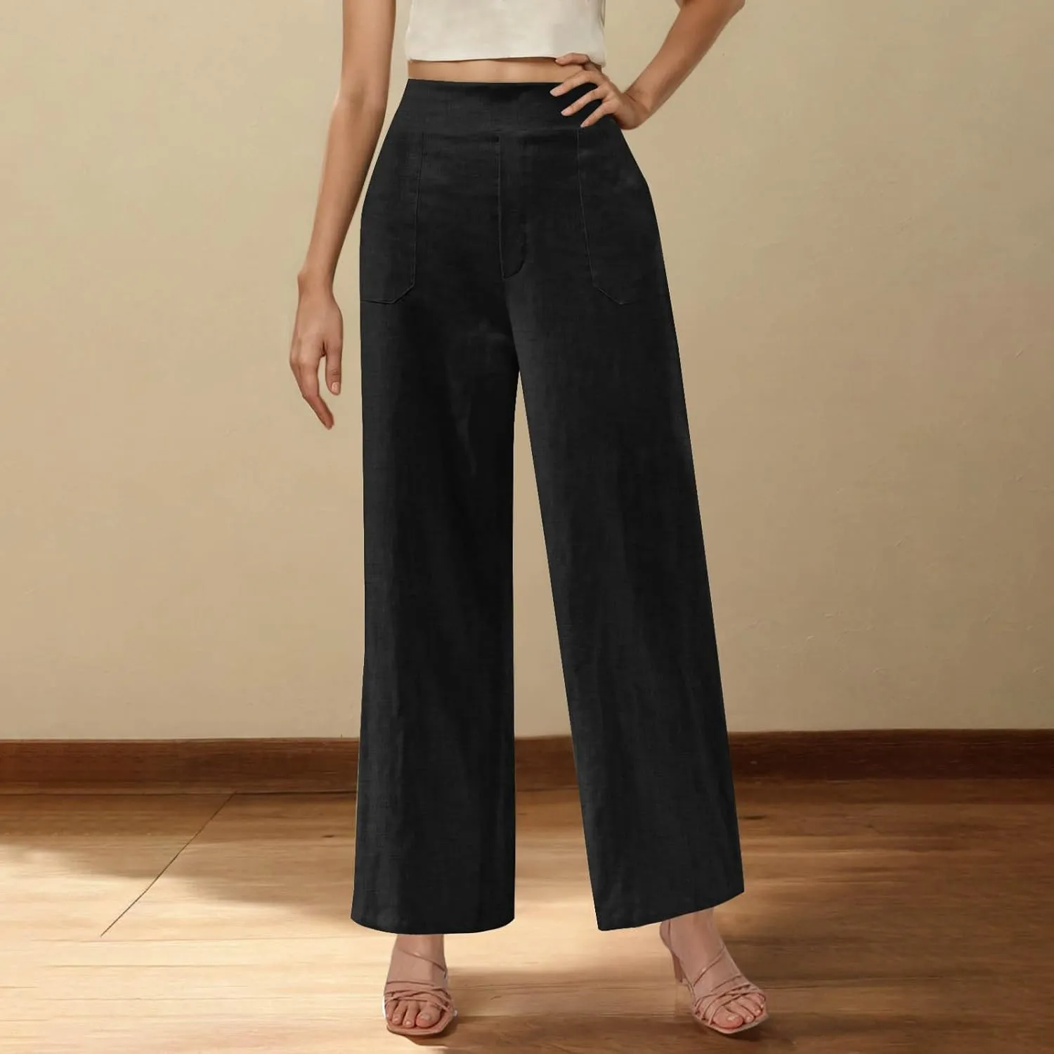 Linen Pants for Womens Summer Drawstring Waist Wide Leg Trousers Loose Linen Lightweight Pant Casual Beach Long Slacks