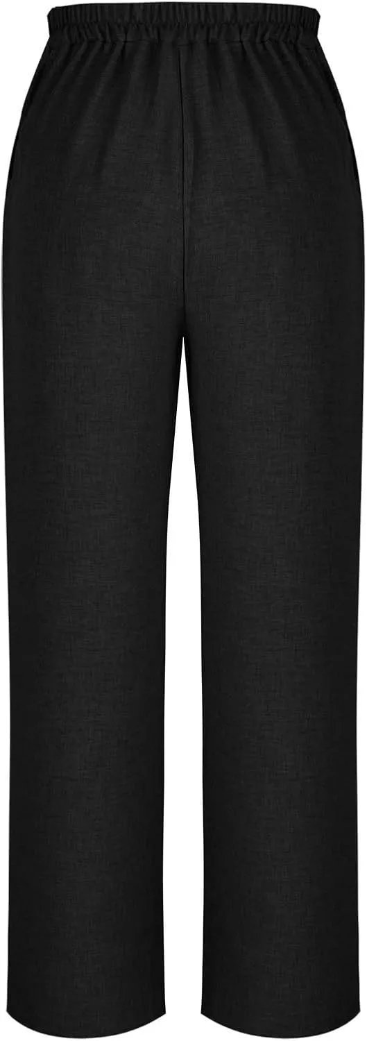 Linen Pants for Womens Summer Drawstring Waist Wide Leg Trousers Loose Linen Lightweight Pant Casual Beach Long Slacks