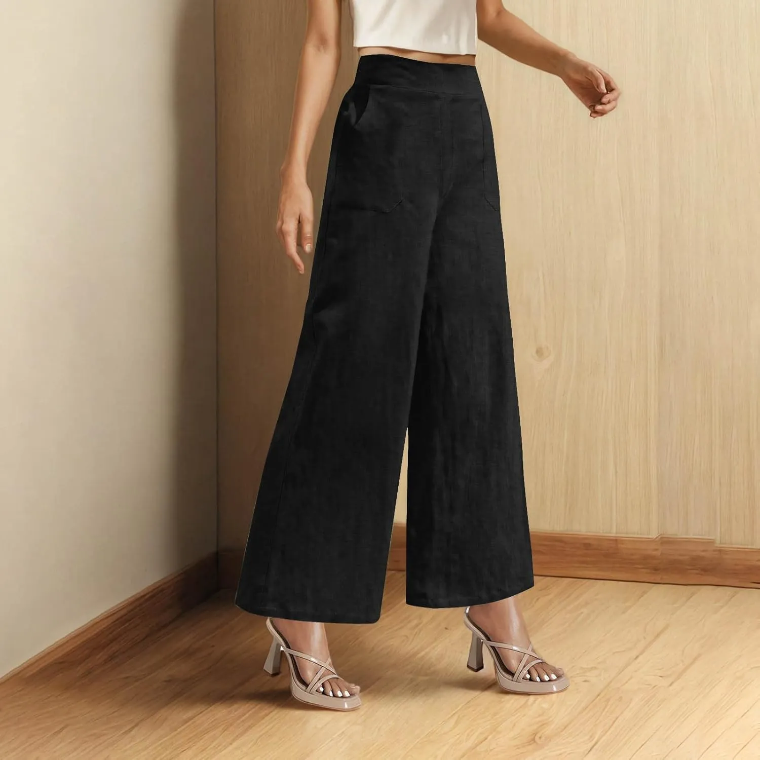 Linen Pants for Womens Summer Drawstring Waist Wide Leg Trousers Loose Linen Lightweight Pant Casual Beach Long Slacks