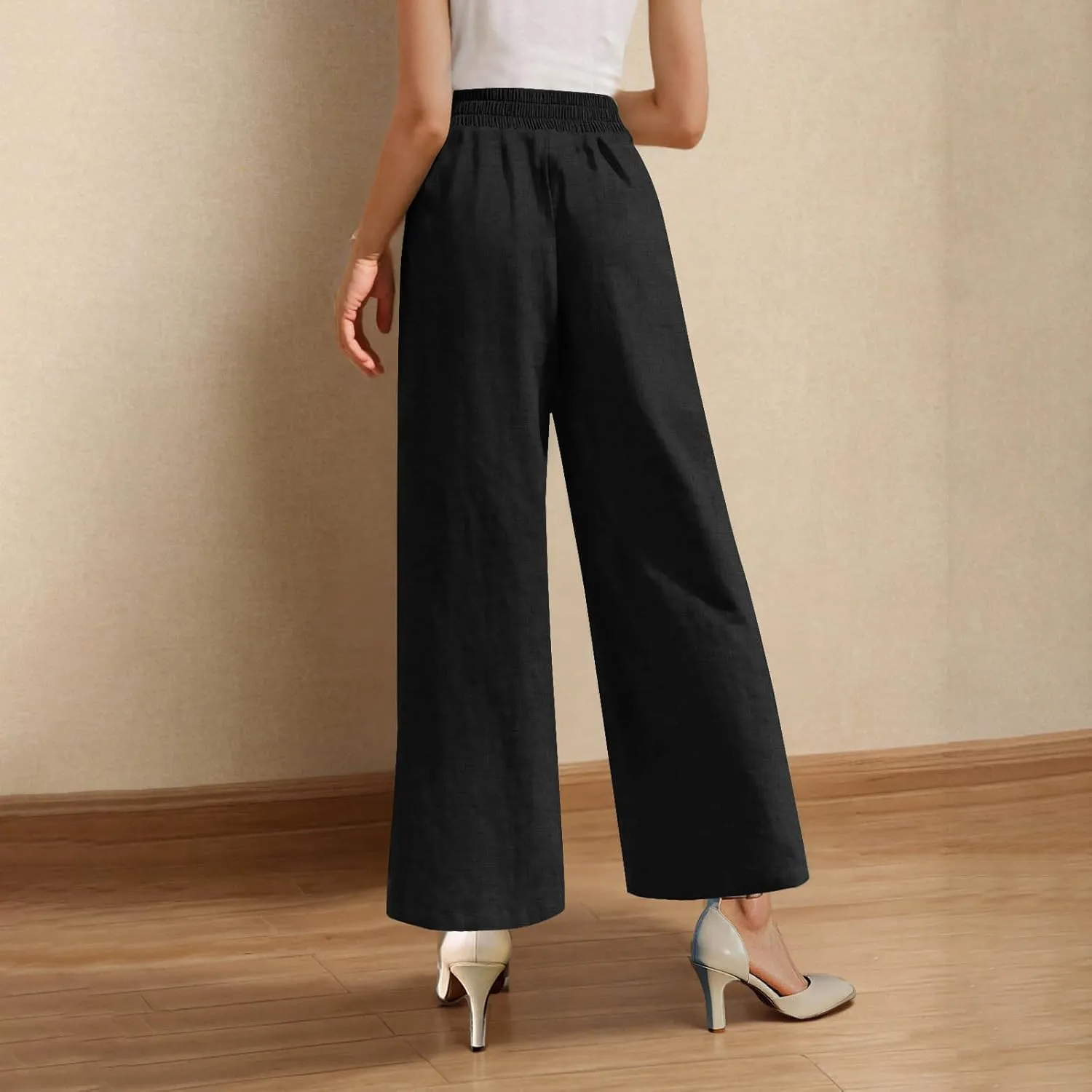 Linen Pants for Womens Summer Drawstring Waist Wide Leg Trousers Loose Linen Lightweight Pant Casual Beach Long Slacks