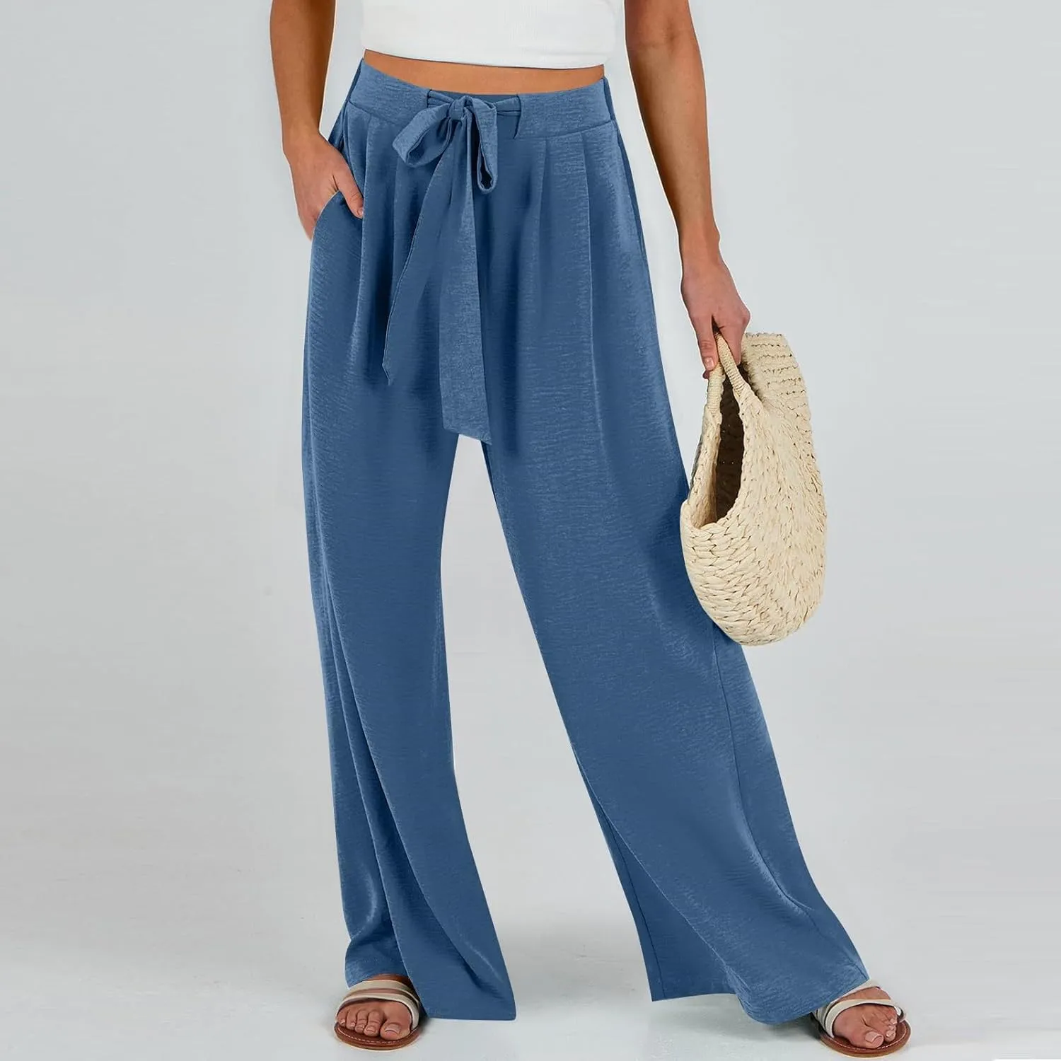 Linen Pants Women High Waisted Wide Leg Work Pants Business Casual Formal Pull On Dress Pants with Pockets Slacks