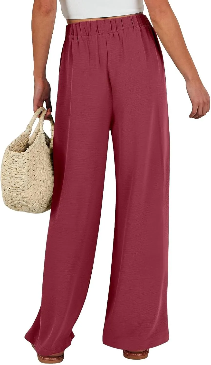 Linen Pants Women High Waisted Wide Leg Work Pants Business Casual Formal Pull On Dress Pants with Pockets Slacks