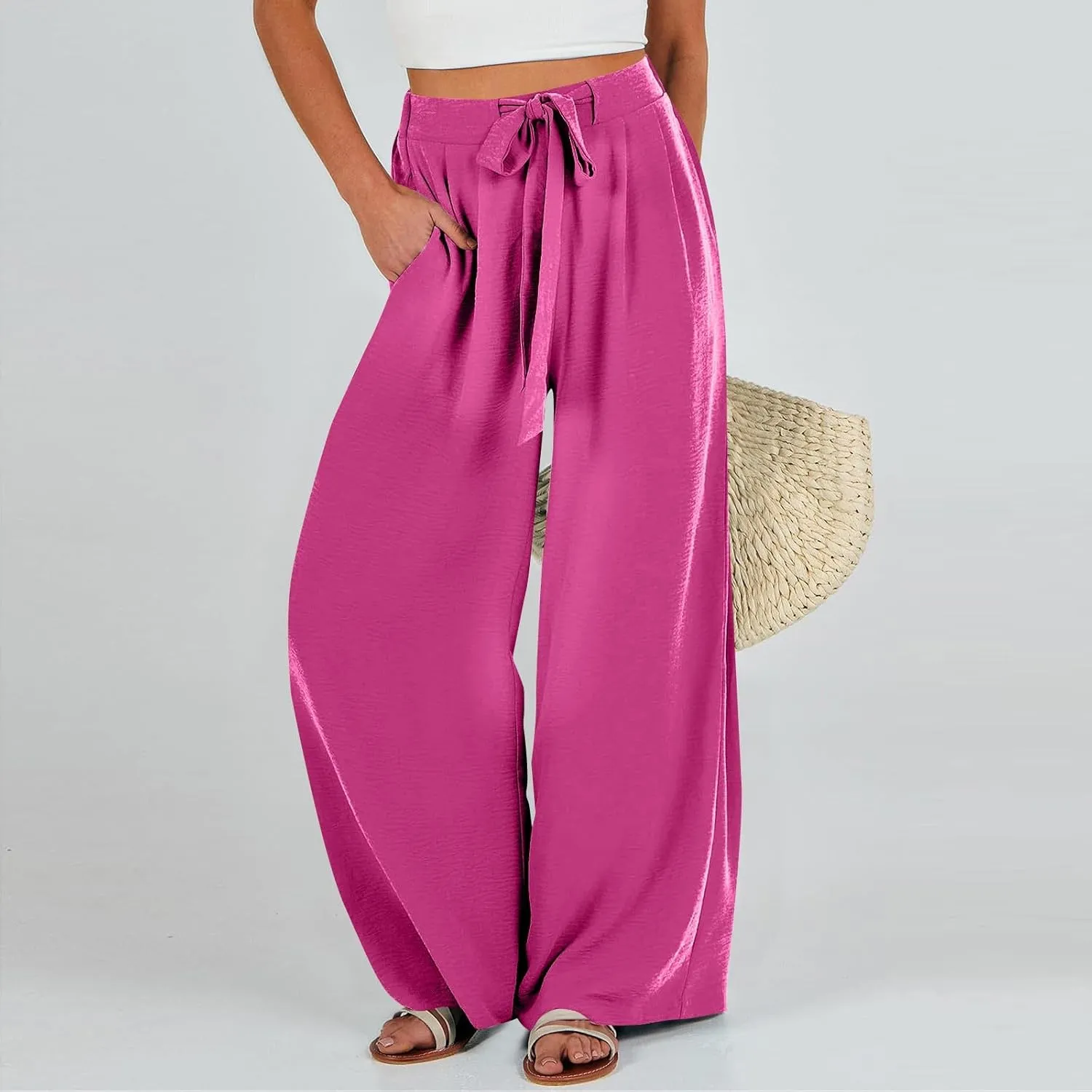 Linen Pants Women High Waisted Wide Leg Work Pants Business Casual Formal Pull On Dress Pants with Pockets Slacks