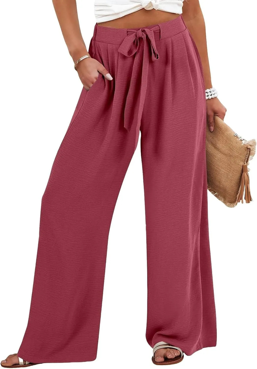Linen Pants Women High Waisted Wide Leg Work Pants Business Casual Formal Pull On Dress Pants with Pockets Slacks