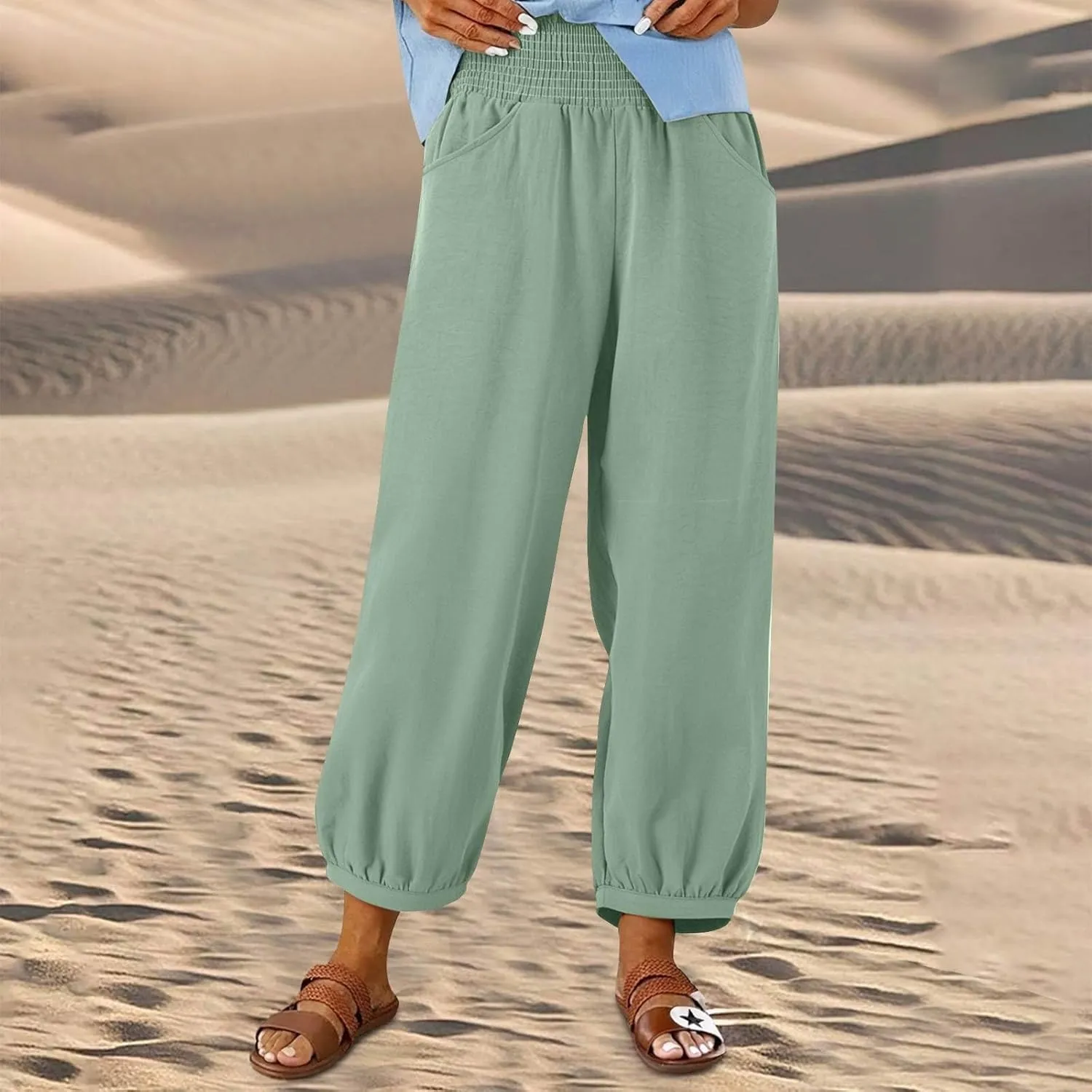 Linen Pants Women Smocked Elastic Waist Casual Summer Palazzo Pants Boho Baggy Wide Leg Trousers with Pockets